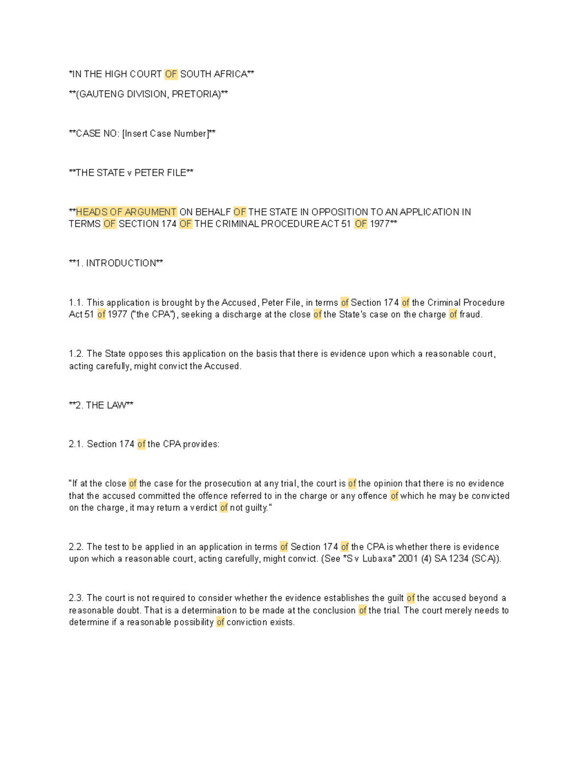 Heads of Argument: State v Peter File - Opposing Section 174 ...