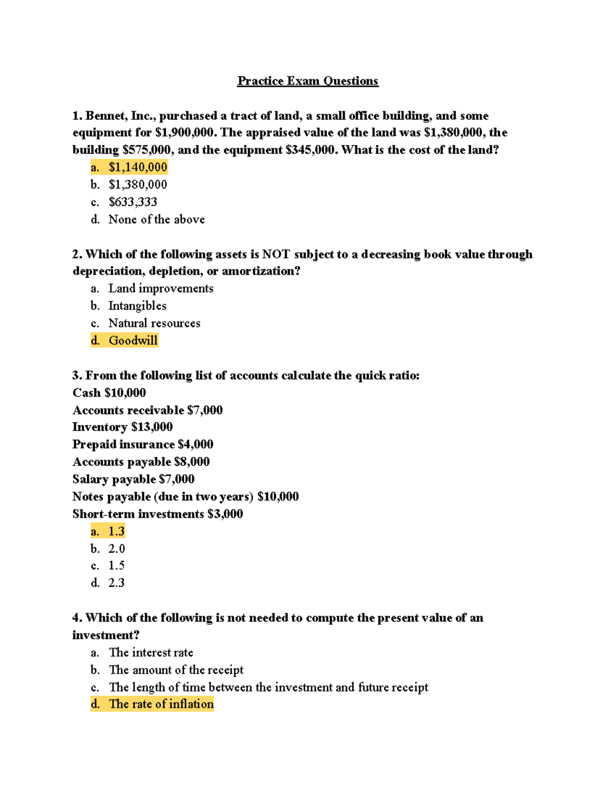Accounting Practice Exam Questions for Course ACCT 101 - Studocu