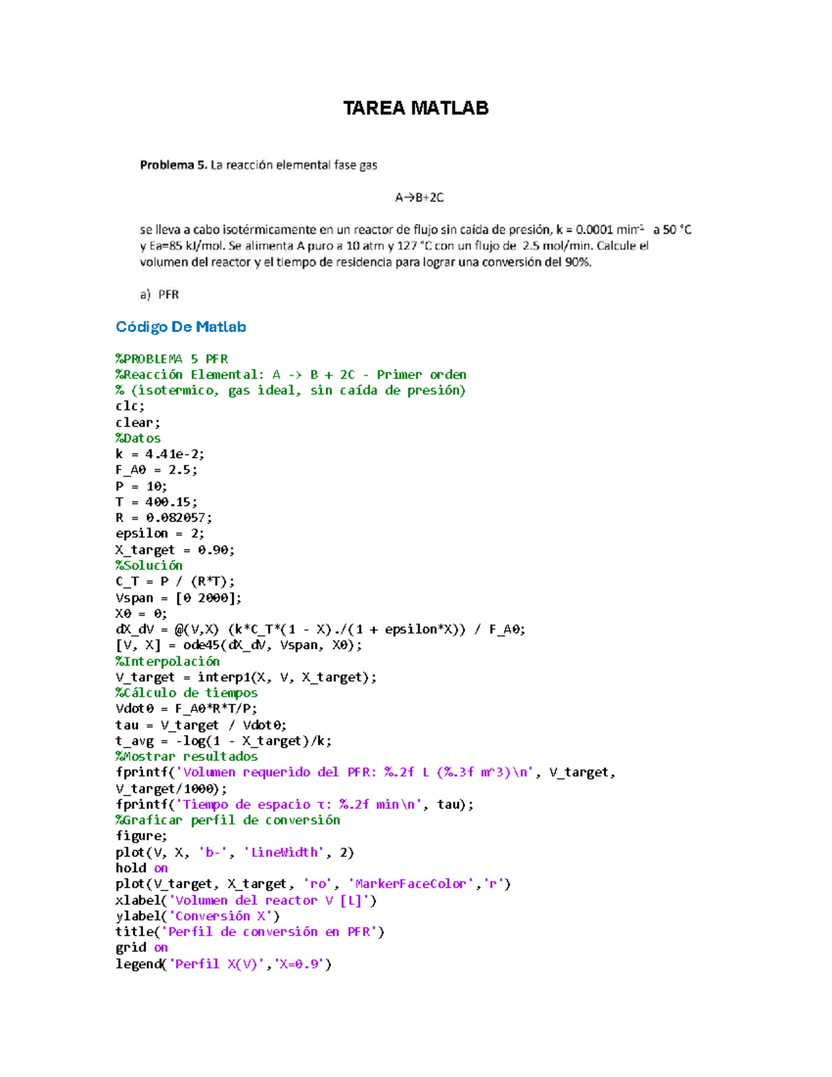 Tarea R - Matlab - TAREA MATLAB Código De Matlab %PROBLEMA 5 PFR ...