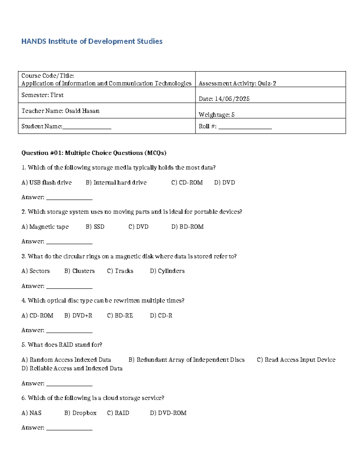 Quiz on Storage Systems - ICT 101 - First Semester Preparation - Studocu