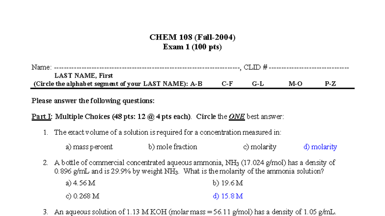 CHEM 108 Exam 1 Review and Practice Questions - Studocu