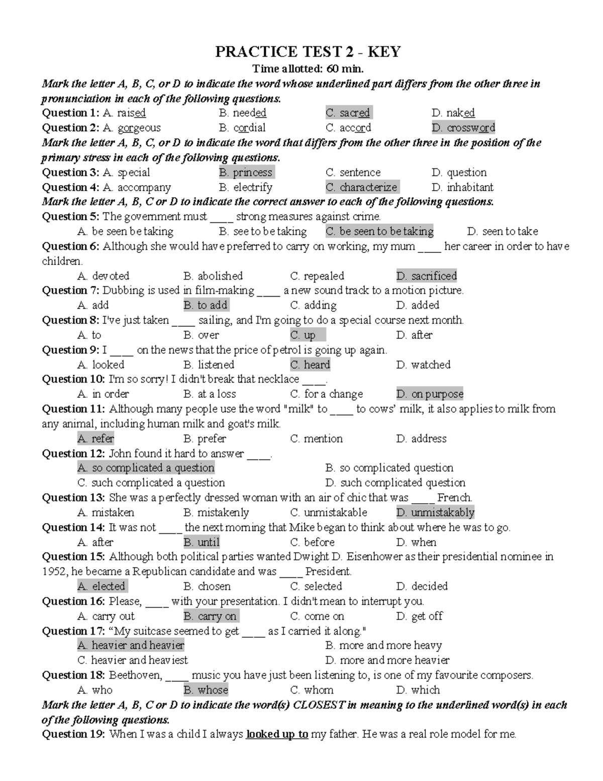Practice Test 2 Key - English Assignment Answers - Studocu
