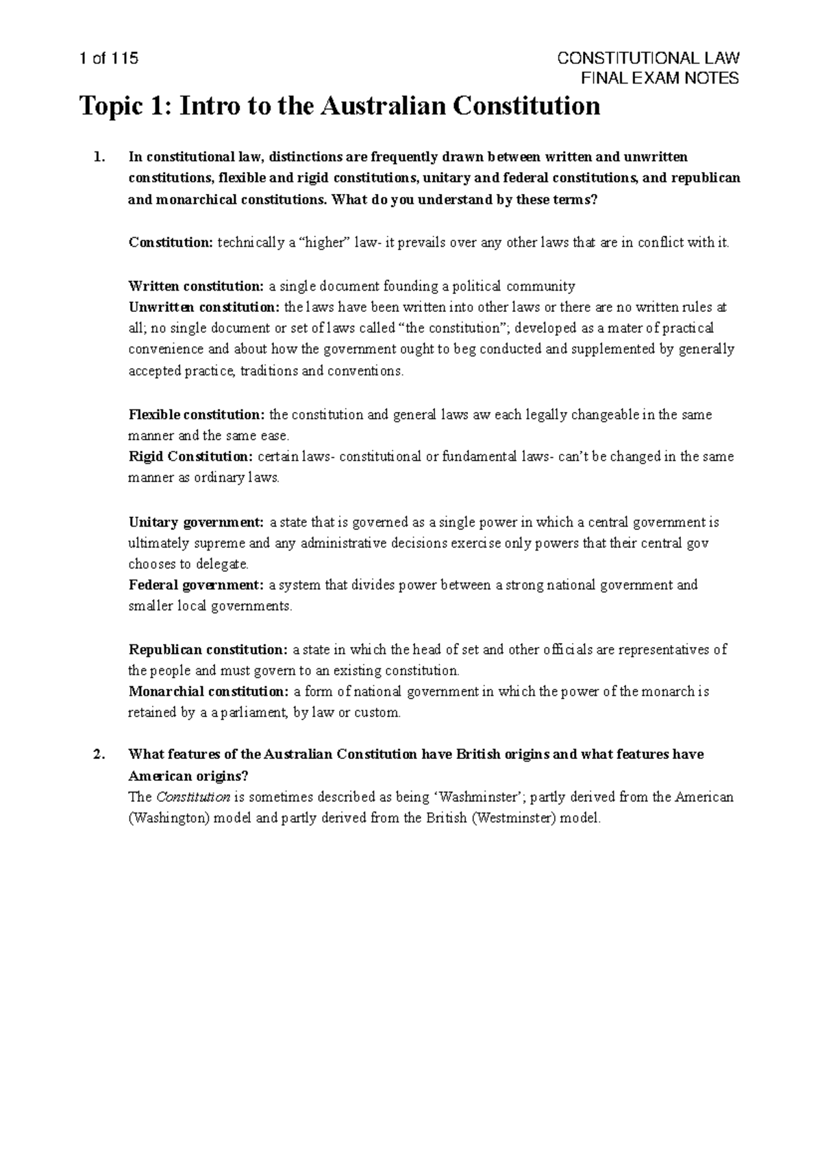 Constitutional Law Final Exam Notes (Spring 2018) - Australia - Studocu