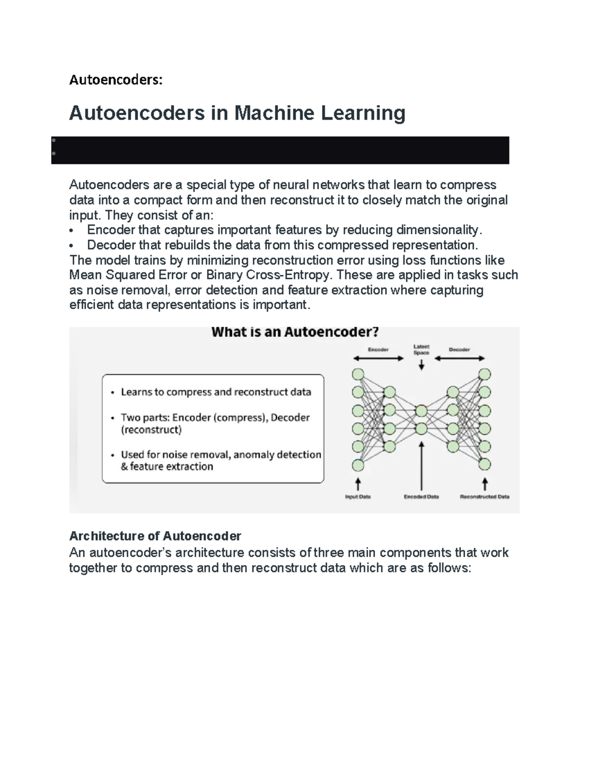 Autoencoders in Machine Learning: Concepts and Architectures - Studocu