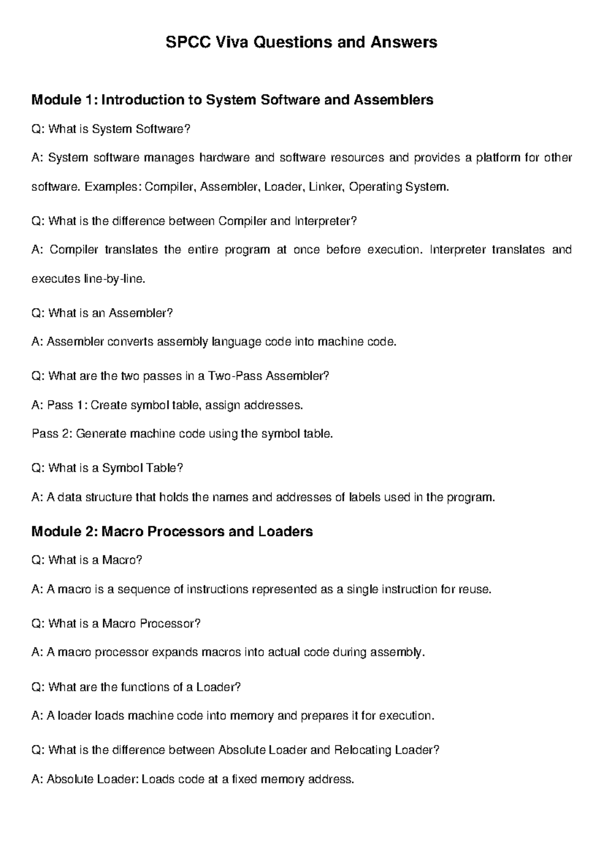 SPCC Viva Questions & Answers: System Software & Assemblers Overview ...
