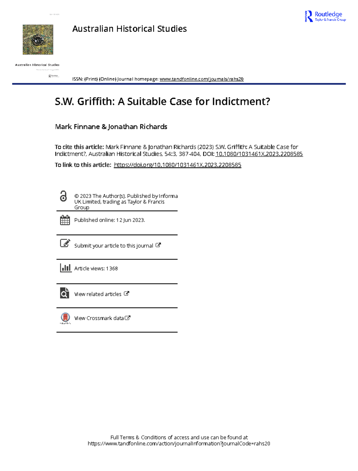 S.W. Griffith: A Suitable Case for Indictment - Australian Historical ...