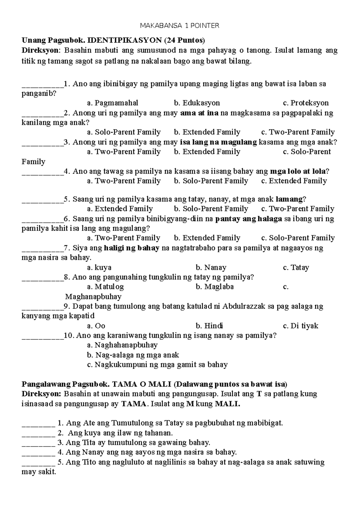 Makabansa 1 Pointer: Unang Pagsubok at Pangalawang Pagsubok - Studocu