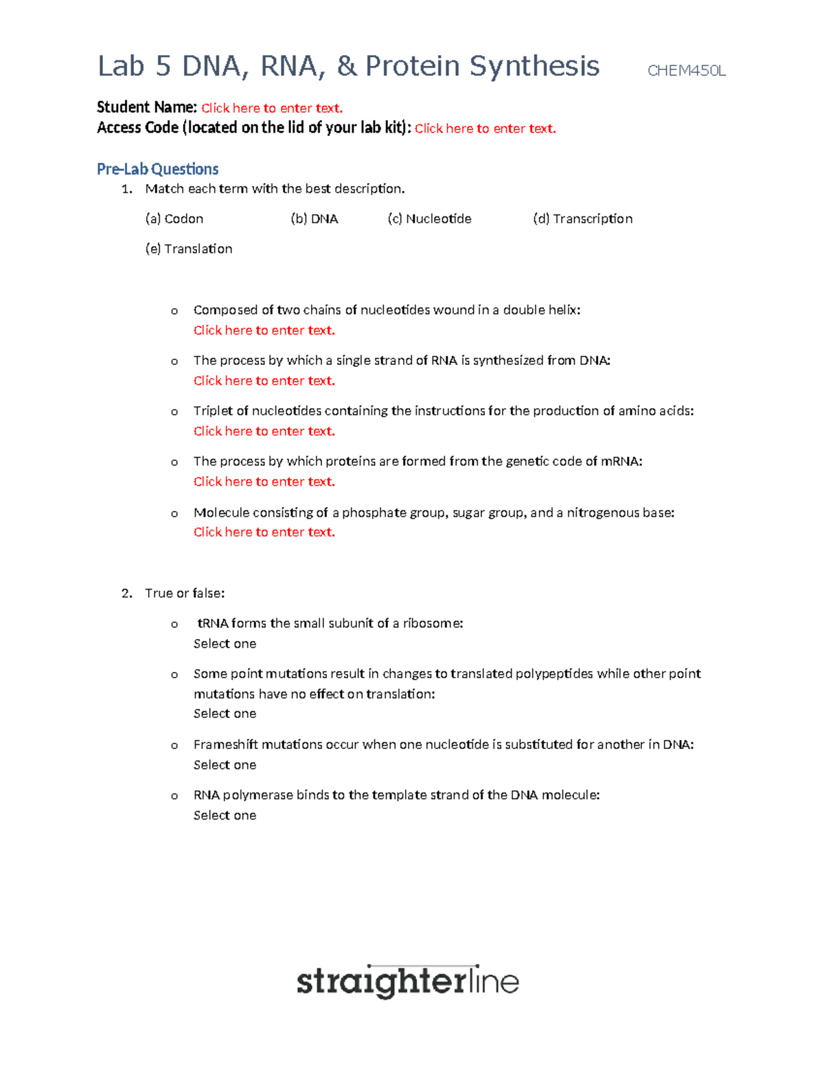 Lab 5: DNA, RNA, and Protein Synthesis - CHEM450L Biochem Assignment ...
