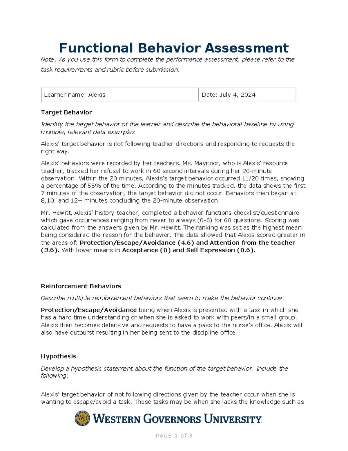 D001 Task 1 - task1 - Part 1: Functional Behavior Assessment A ...