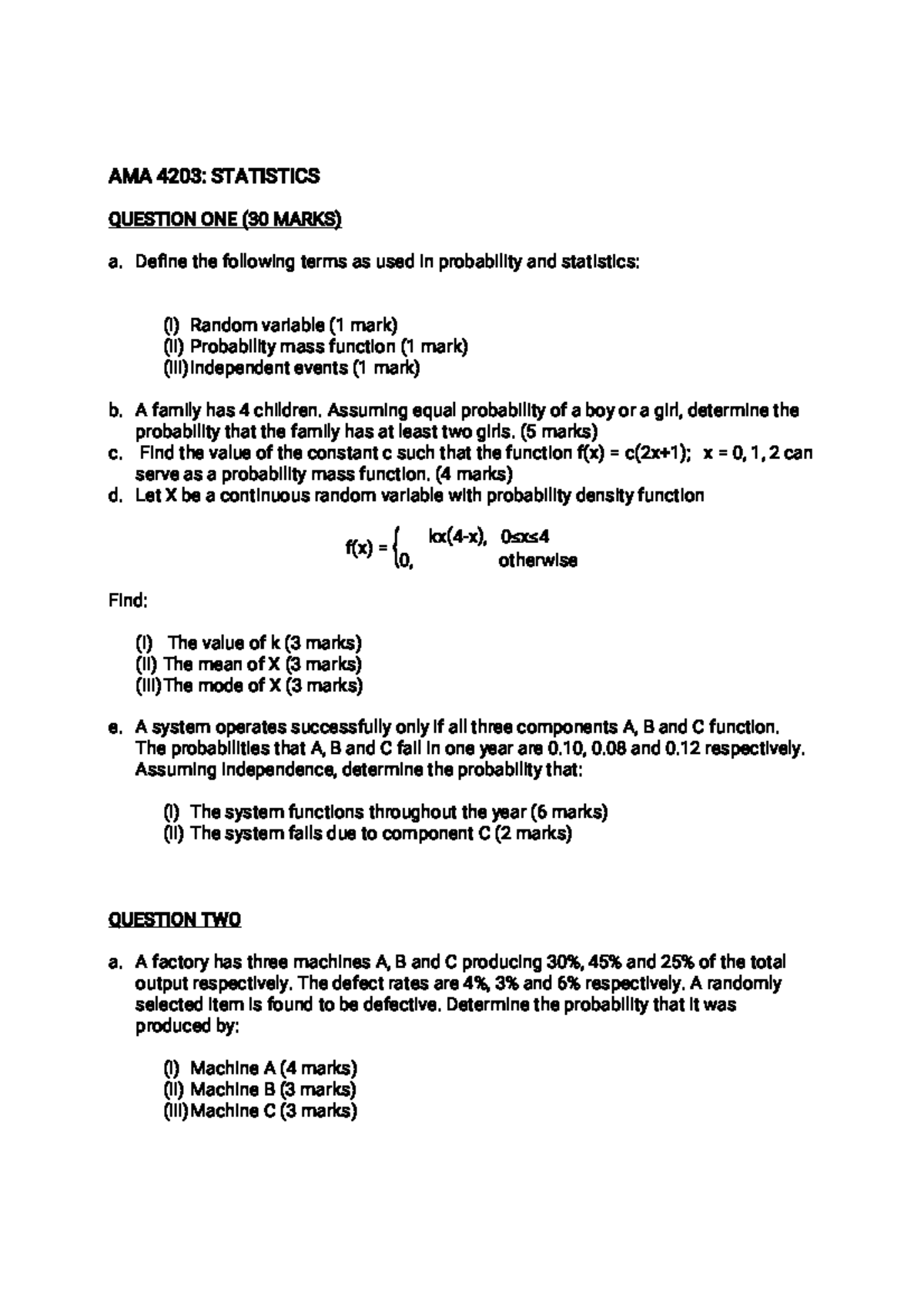 AMA 4203: Statistics Exam Questions and Solutions (30 Marks) - Studocu