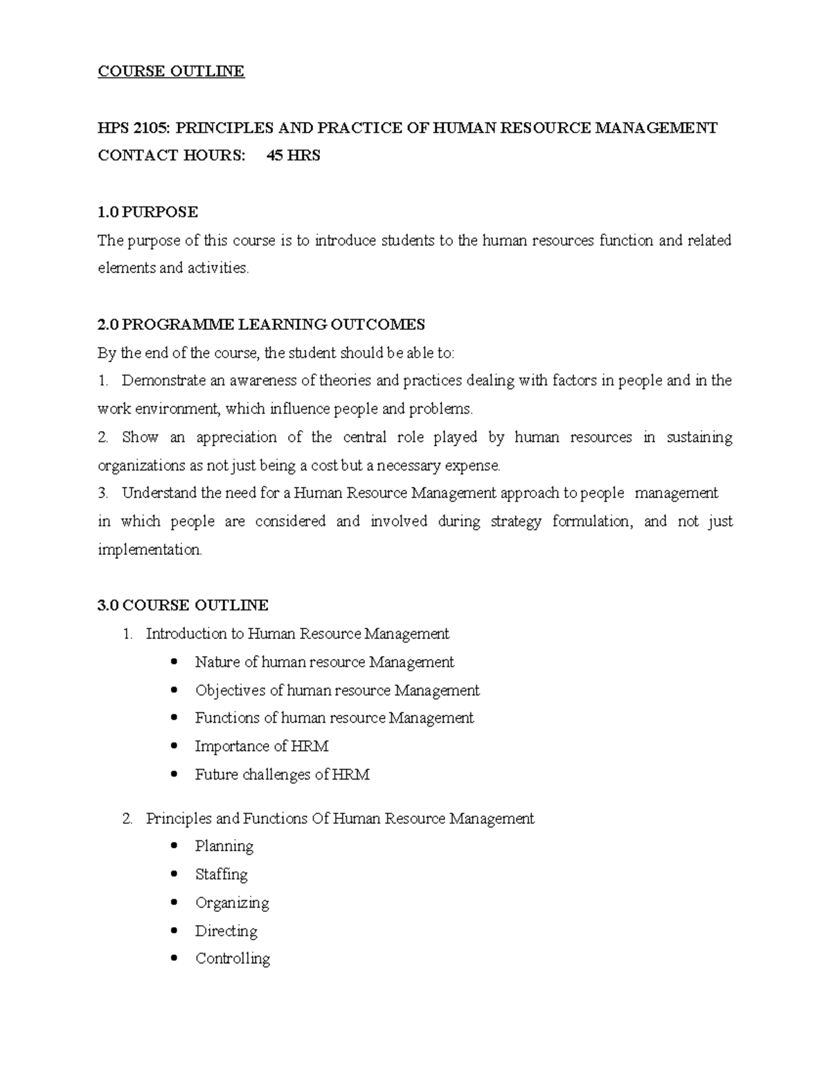 HPS 2105: Course Outline for Principles of Human Resource Management ...