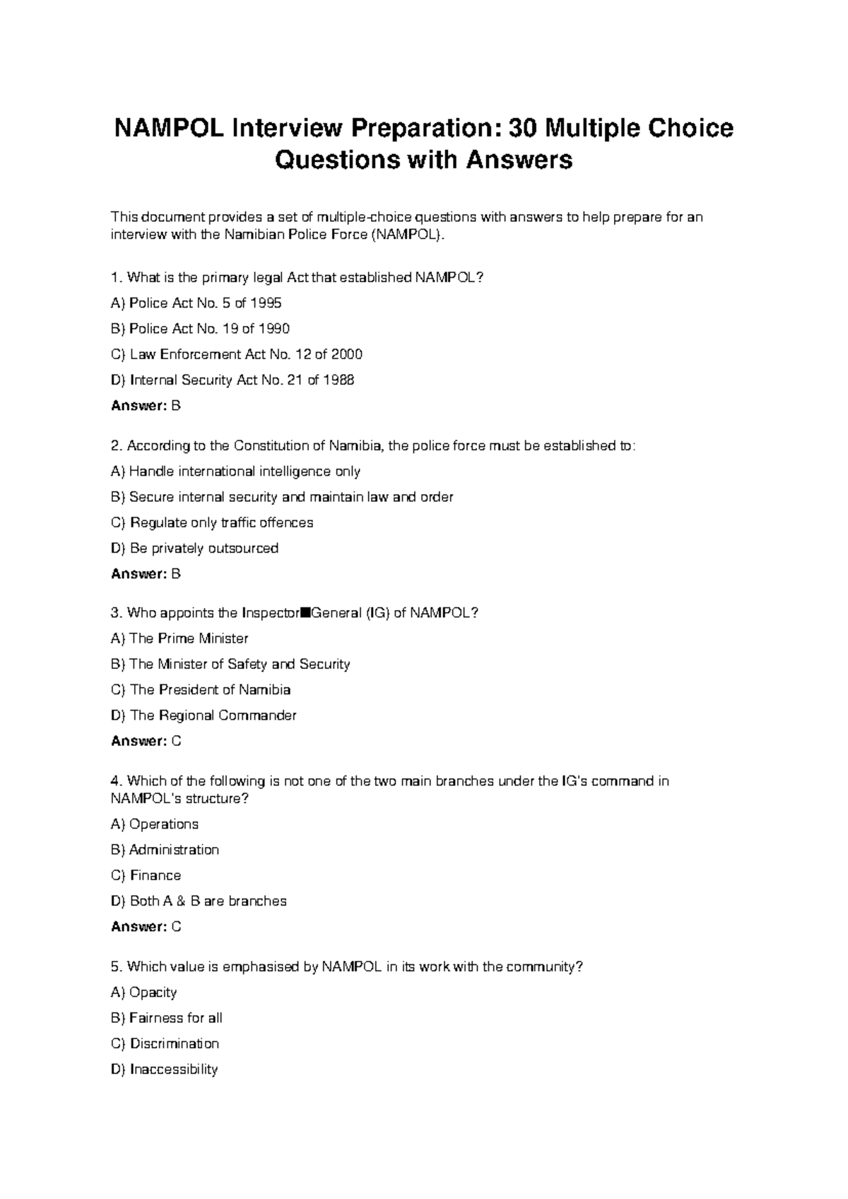 NAMPOL Interview Prep: 30 MCQs with Answers for Success - Studocu