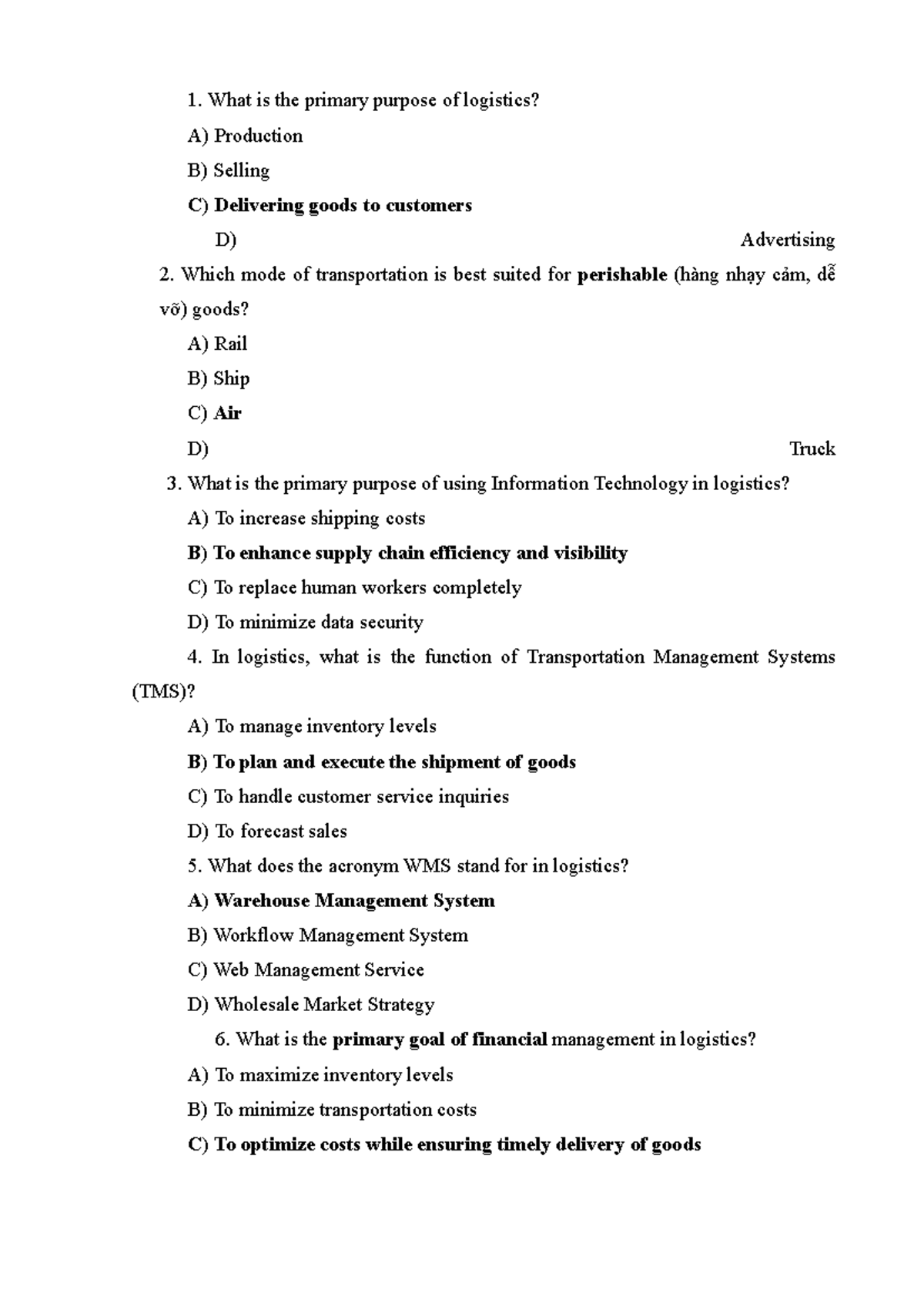 Logistics Management Trial Final Exam Review Questions - Studocu