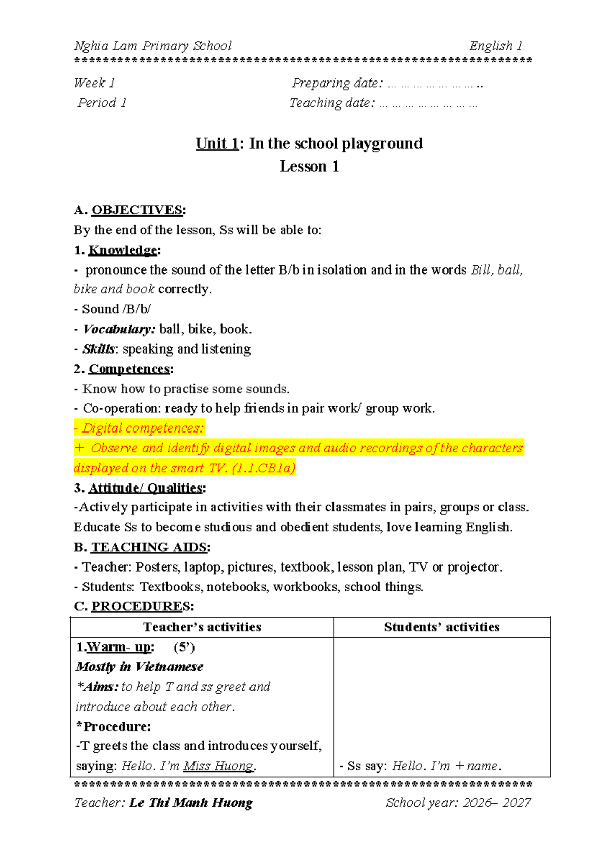 E1 English 1 Week 1 Lesson Plans - Nghia Lam Primary School - Studocu