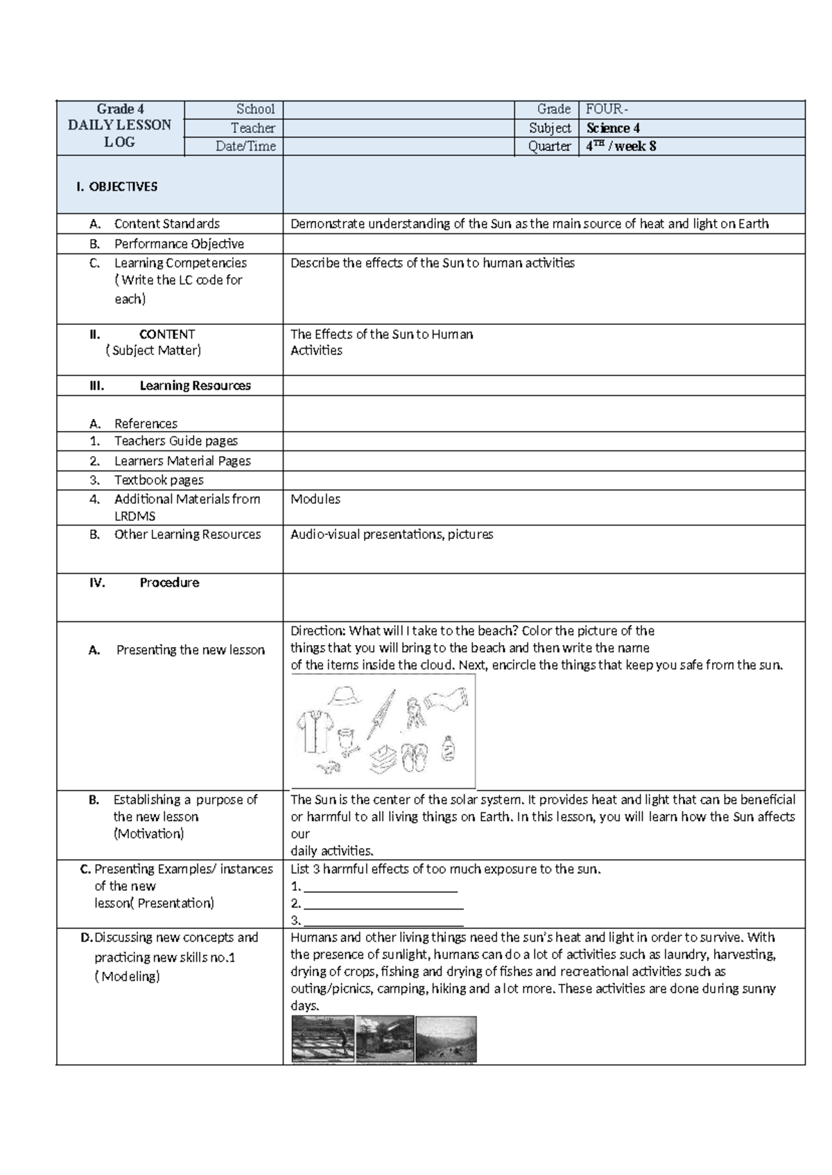 English-4- Blank - Grade 4 DAILY LESSON LOG School Grade FOUR- Teacher ...