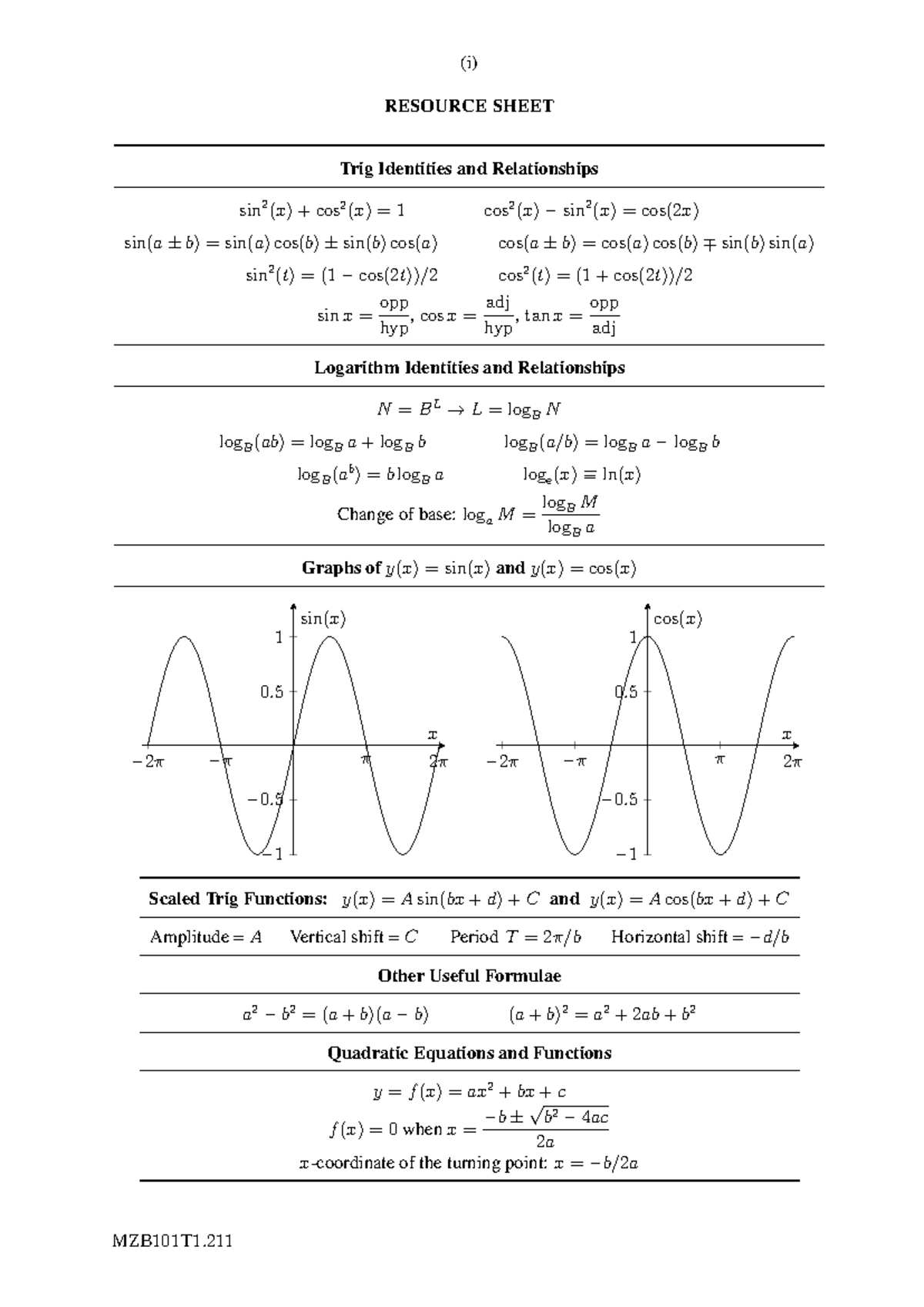student help for Formula sheet writing MZB125 - 412502 - QUT - Studocu