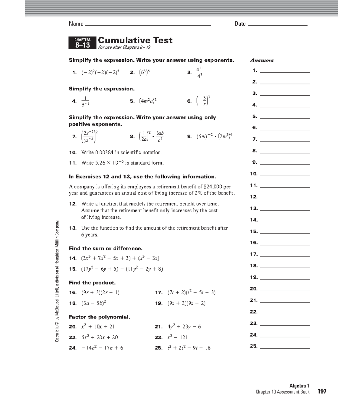 Cumulative Test Review for Algebra 1 (Chapters 8-13) - Studocu
