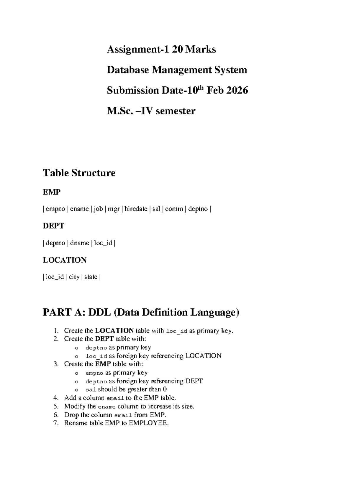 M.Sc. Database Management System Assignment 1 - SQL Tasks - Studocu