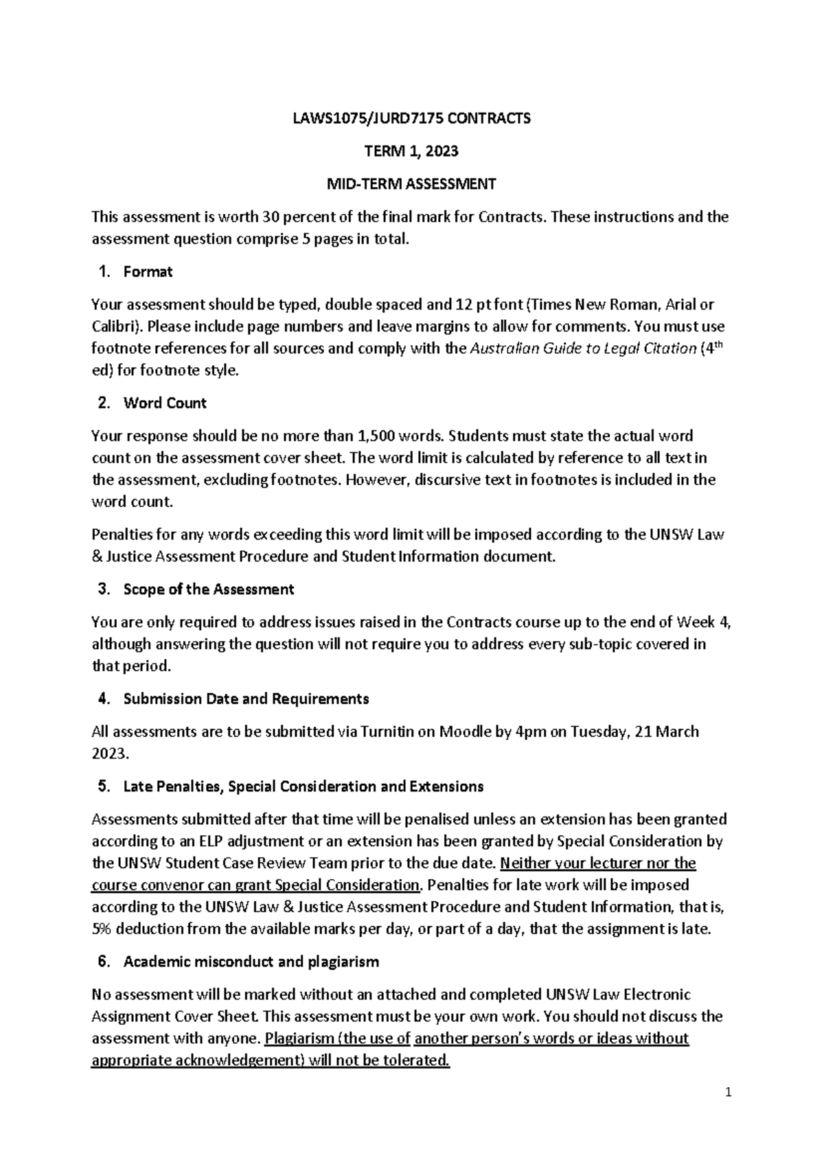 LAWS1075/JURD7175 Contracts Mid-Term Assessment Guide T1 2023 - Studocu