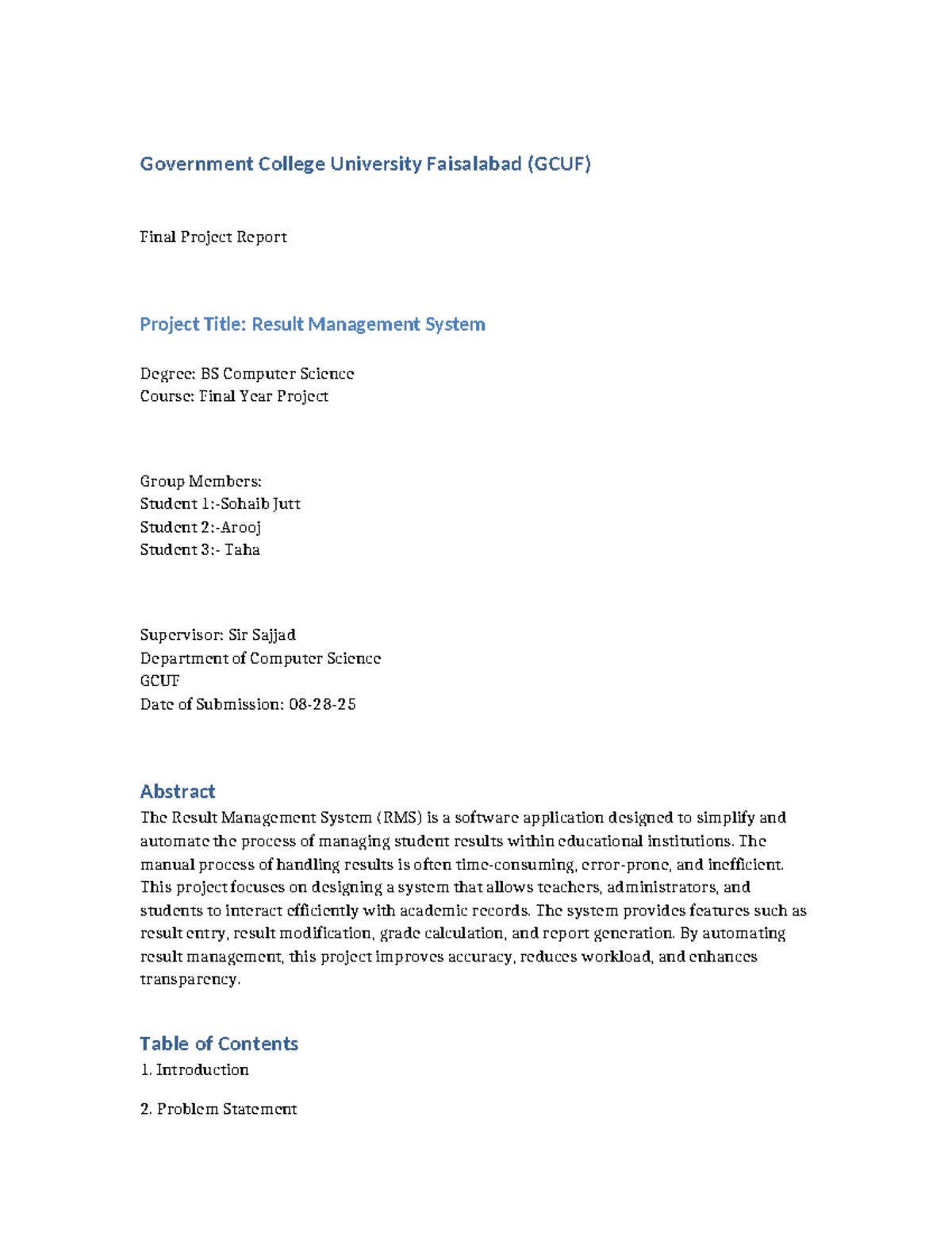 GCUF BSCS Final Year Project: Result Management System Report - Studocu