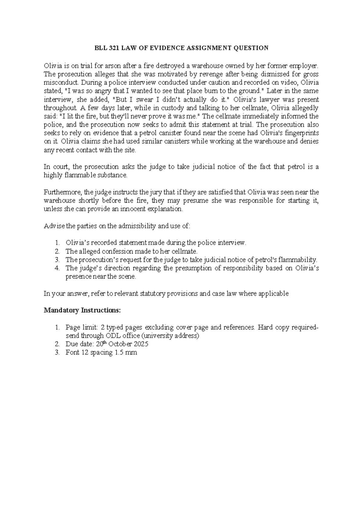 BLL 321 LAW OF EVIDENCE ASSIGNMENT: Admissibility Analysis - Studocu