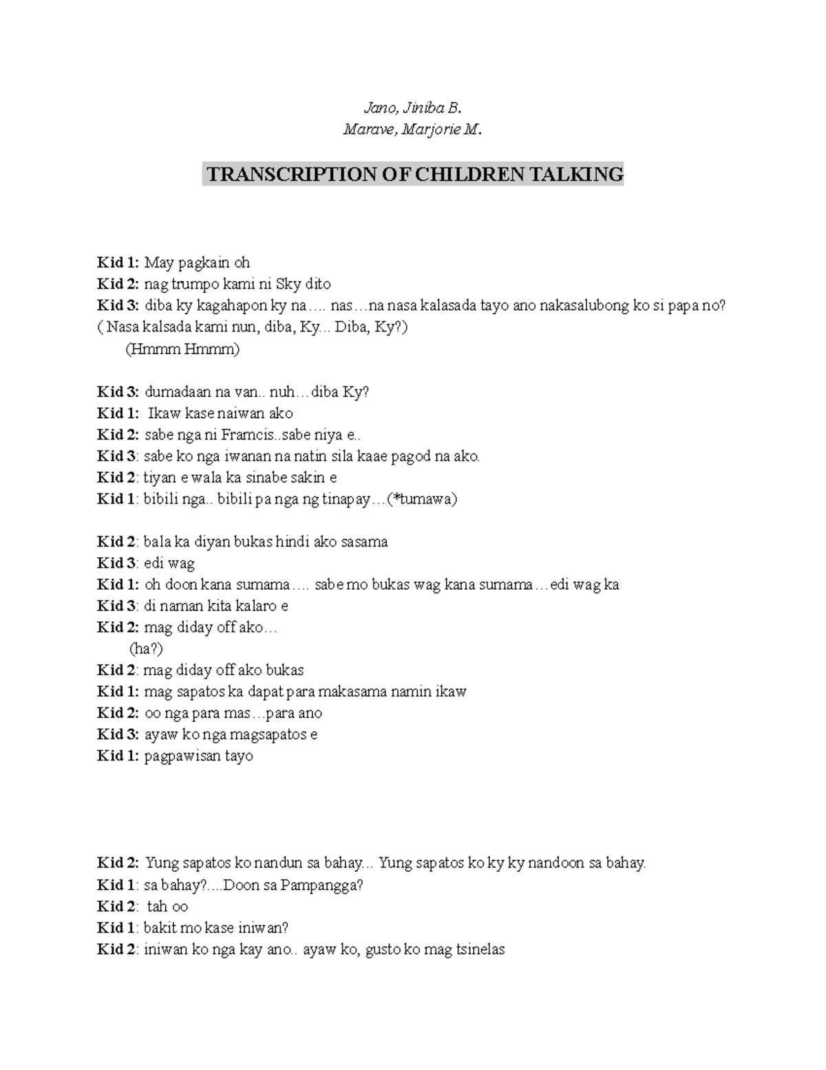 Transcription and Discourse Analysis of Children's Conversations - Studocu