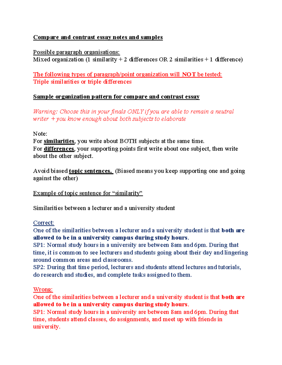 Compare and Contrast Essay Notes & Samples for Finals - Studocu