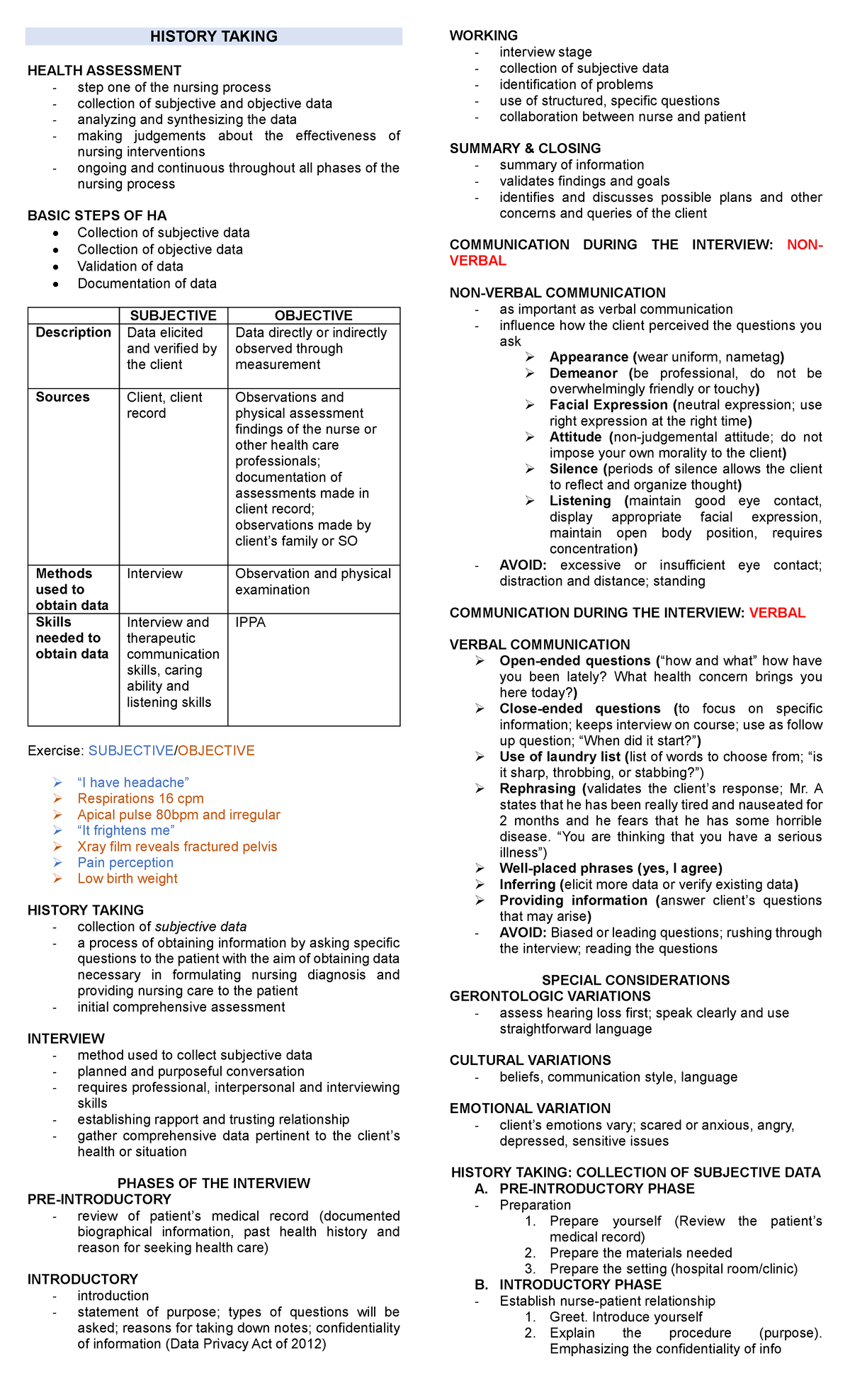 Health Assessment and History Taking Review - NUR 101 Guide - Studocu
