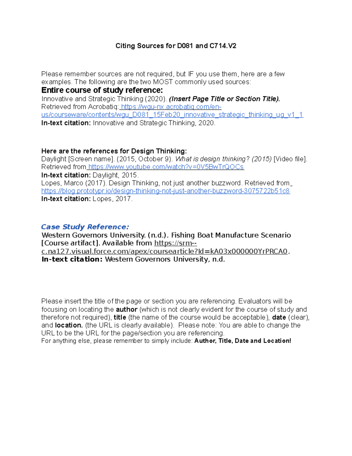 Citing Sources Guidance for D081 and C714.V References - Studocu