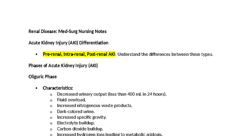 Acute Kidney Injury (AKI) Concept Map: Nursing Notes & Phases - Studocu