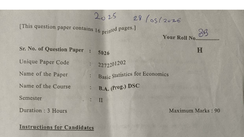 Basic Statistics for Economics - B.A. (Prog.) DSC Sem II Exam Paper ...