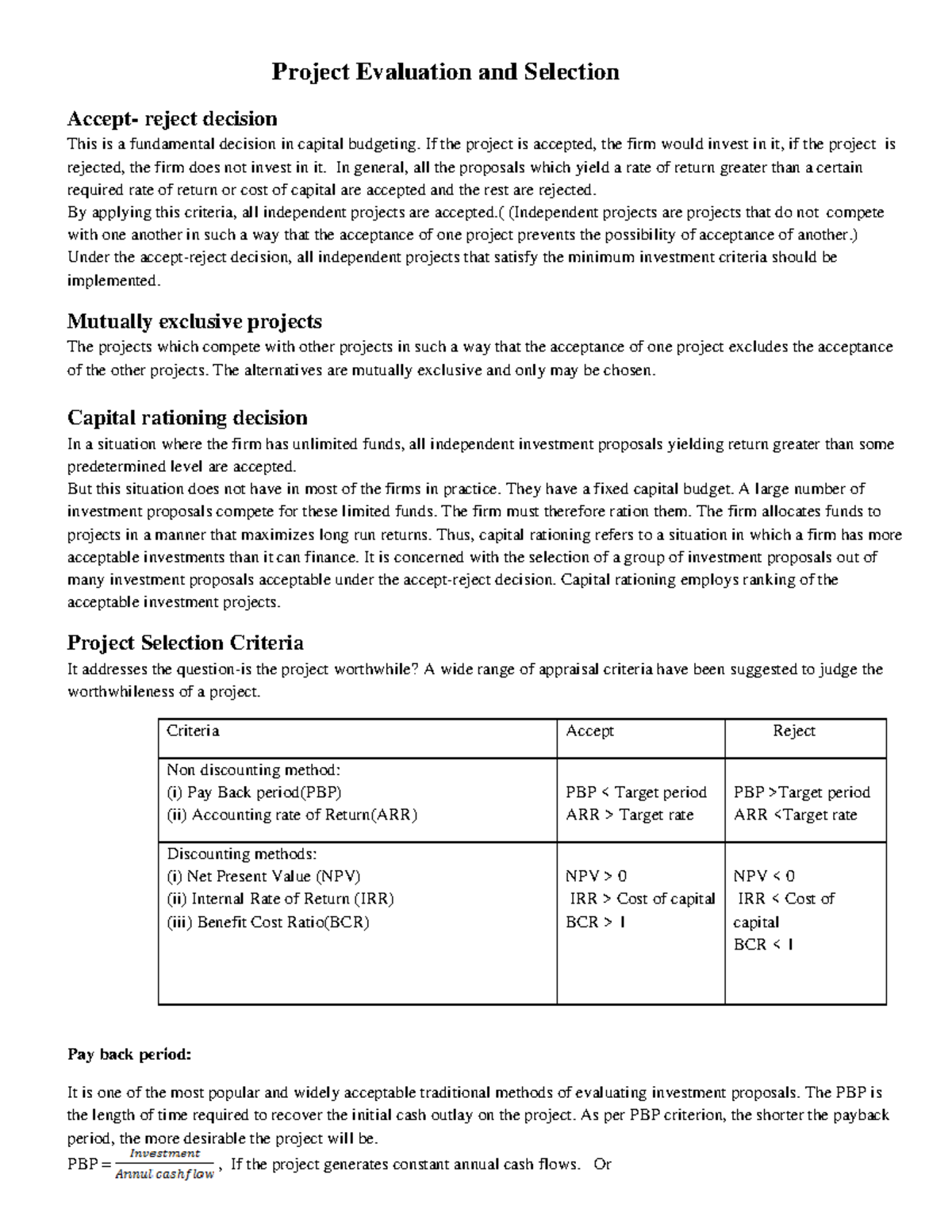 Project Evaluation Criteria and Analysis for Capital Budgeting ...