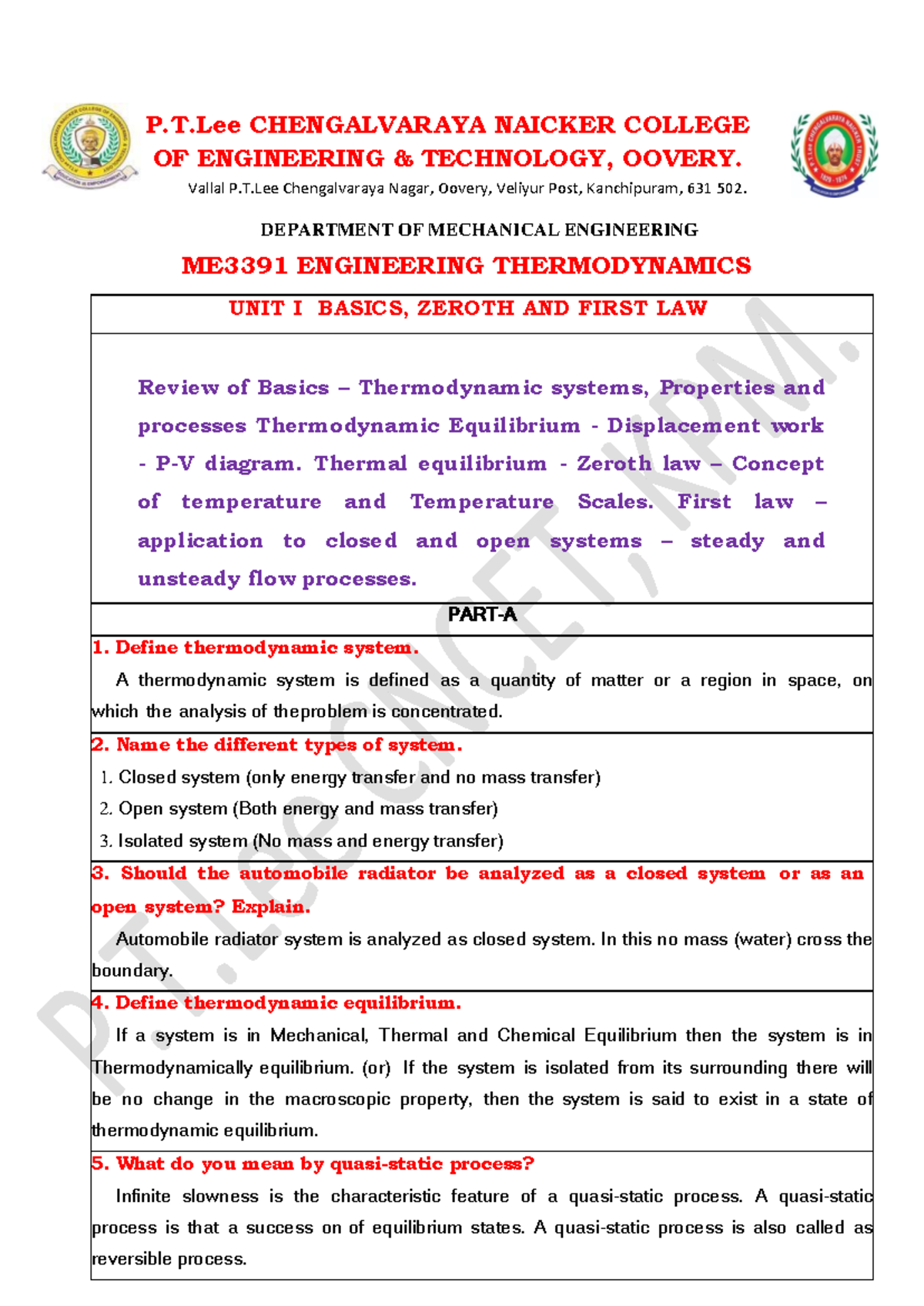 ME3391 Engineering Thermodynamics Unit I Homework Notes - Studocu