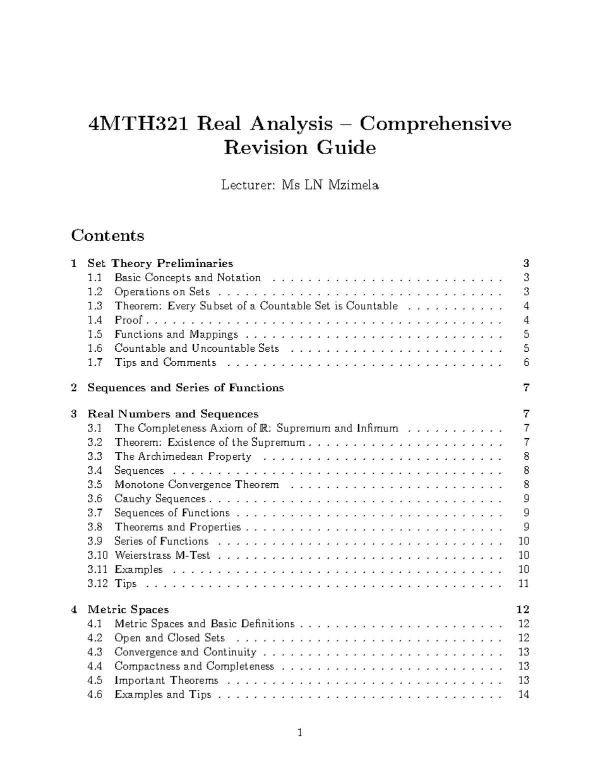 4MTH321 Real Analysis Final Exam Revision Guide - Studocu