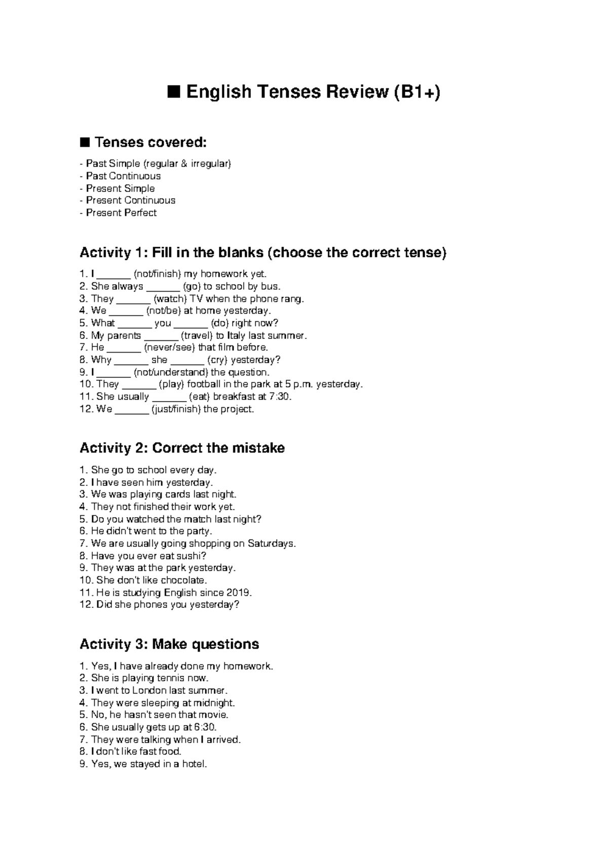 English Tenses Review B1+: Past, Present, and Future Tenses - Studocu
