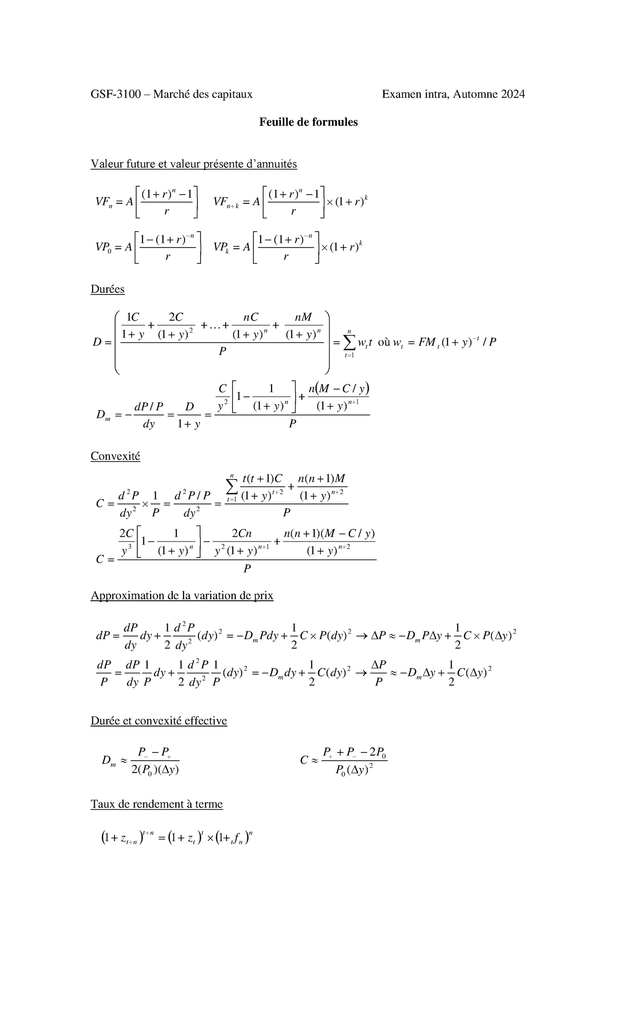 Feuille de Formules - Examen Final C K P S c u d Su Sd - Studocu