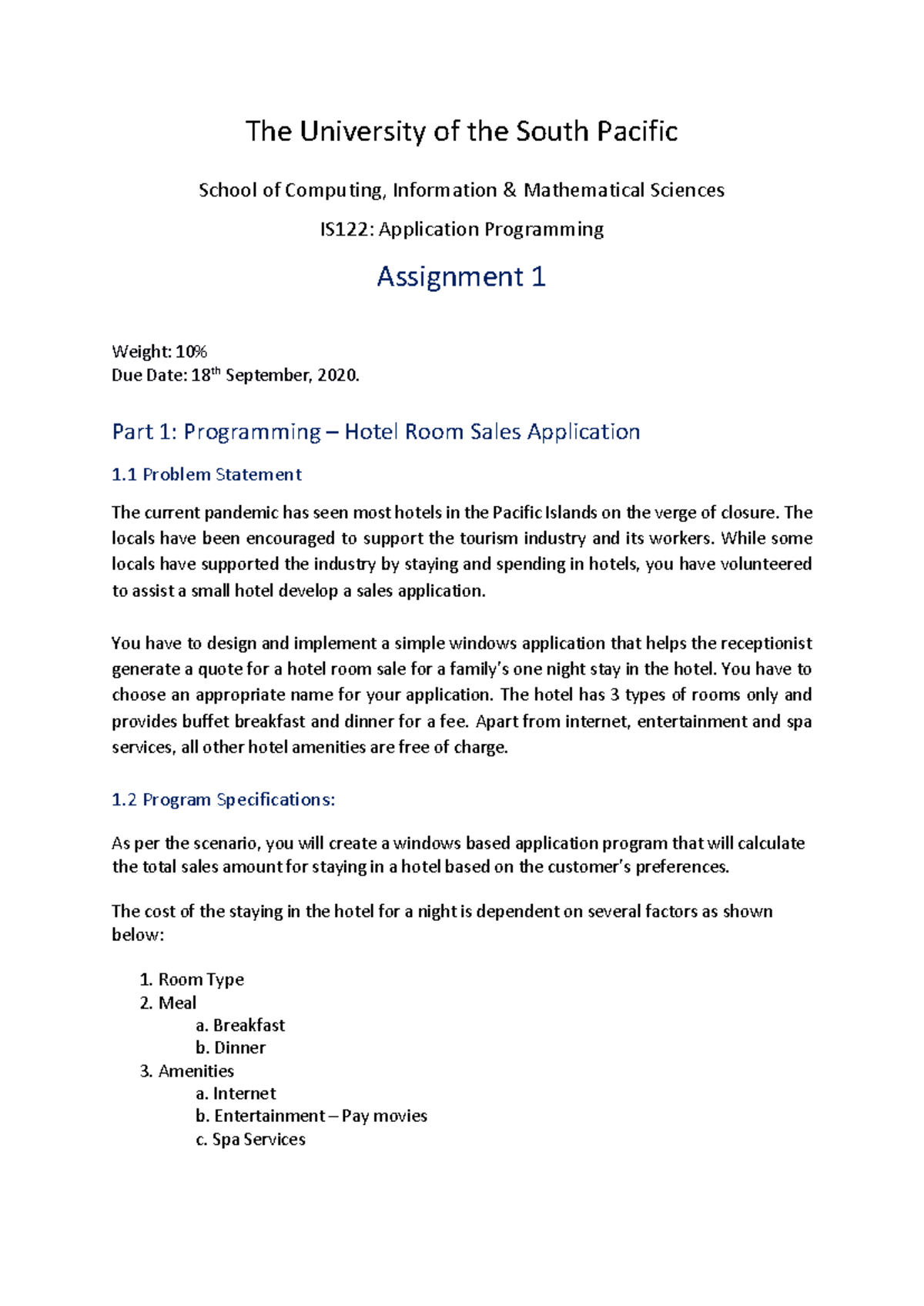 IS122 Assignment 1 - Hotel Sales App Development - Sem 2 - 2020 - Studocu
