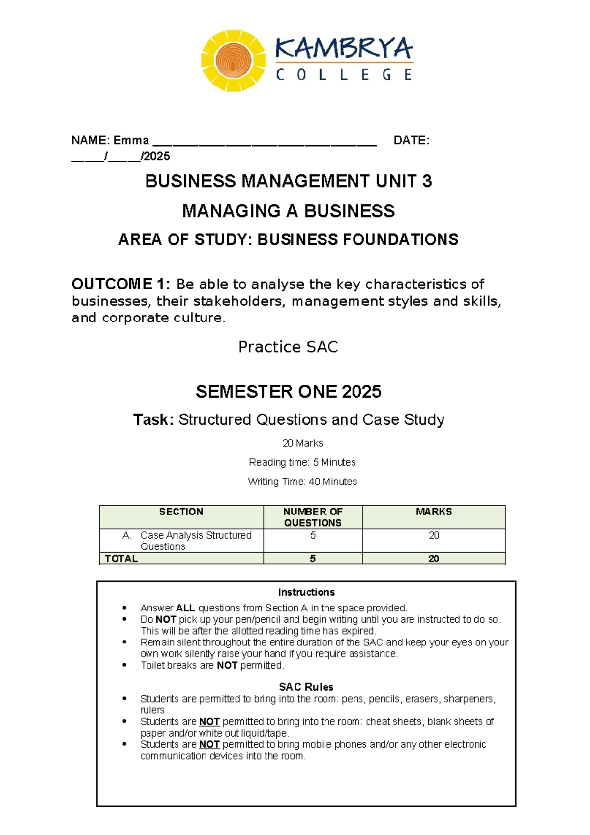 BUSINESS MANAGEMENT UNIT 3: Practice SAC 2025 - Case Study Analysis ...