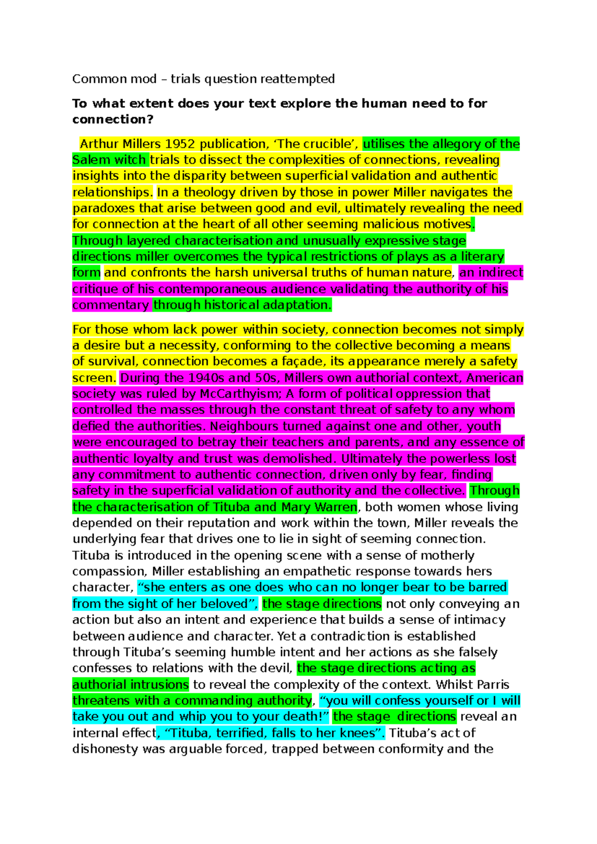 Crucible Essay: Exploring Human Connection in Miller's Work - Studocu