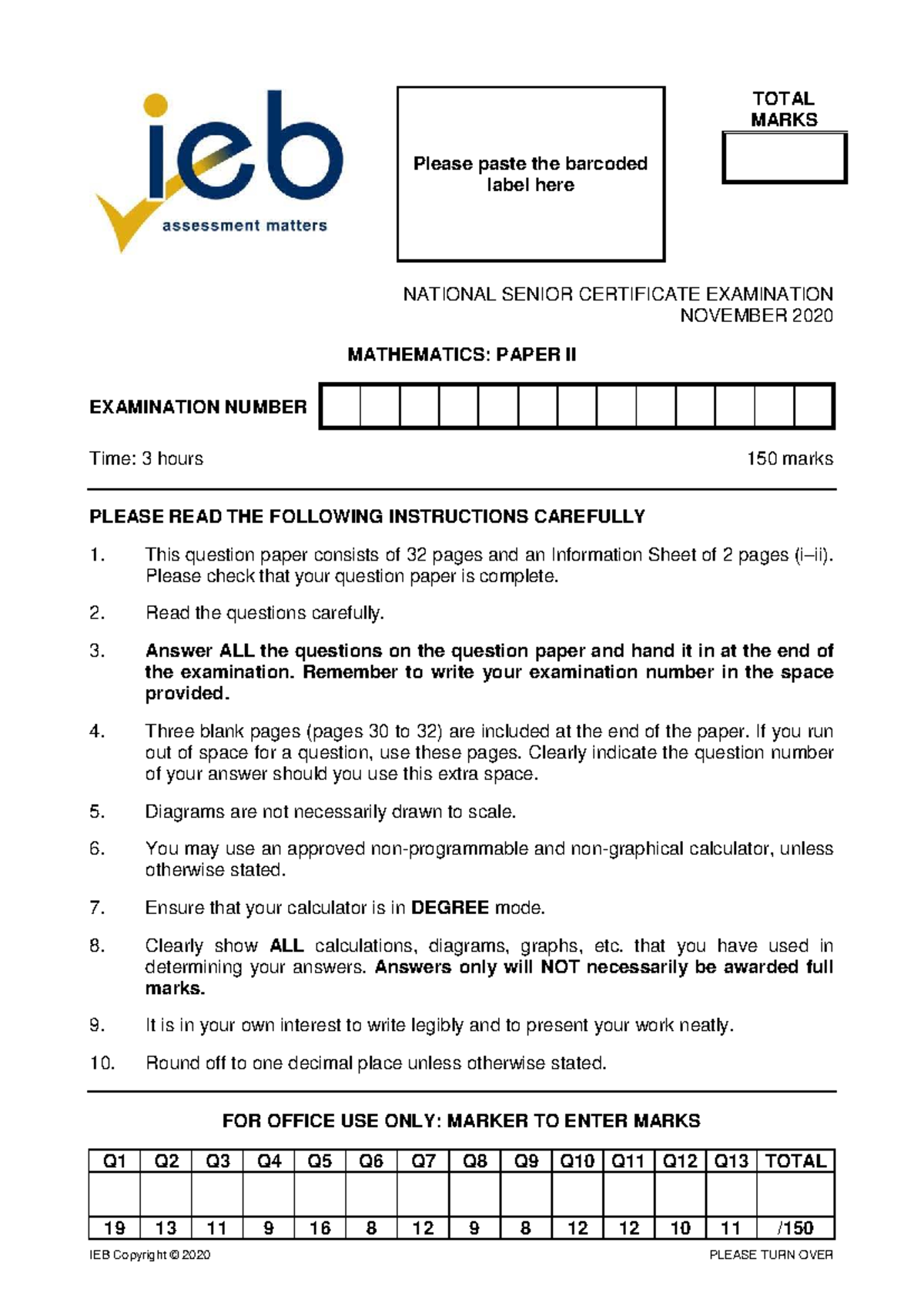Mathematics: NSC Exam Nov 2020 - Paper II (Total Marks) - Studocu