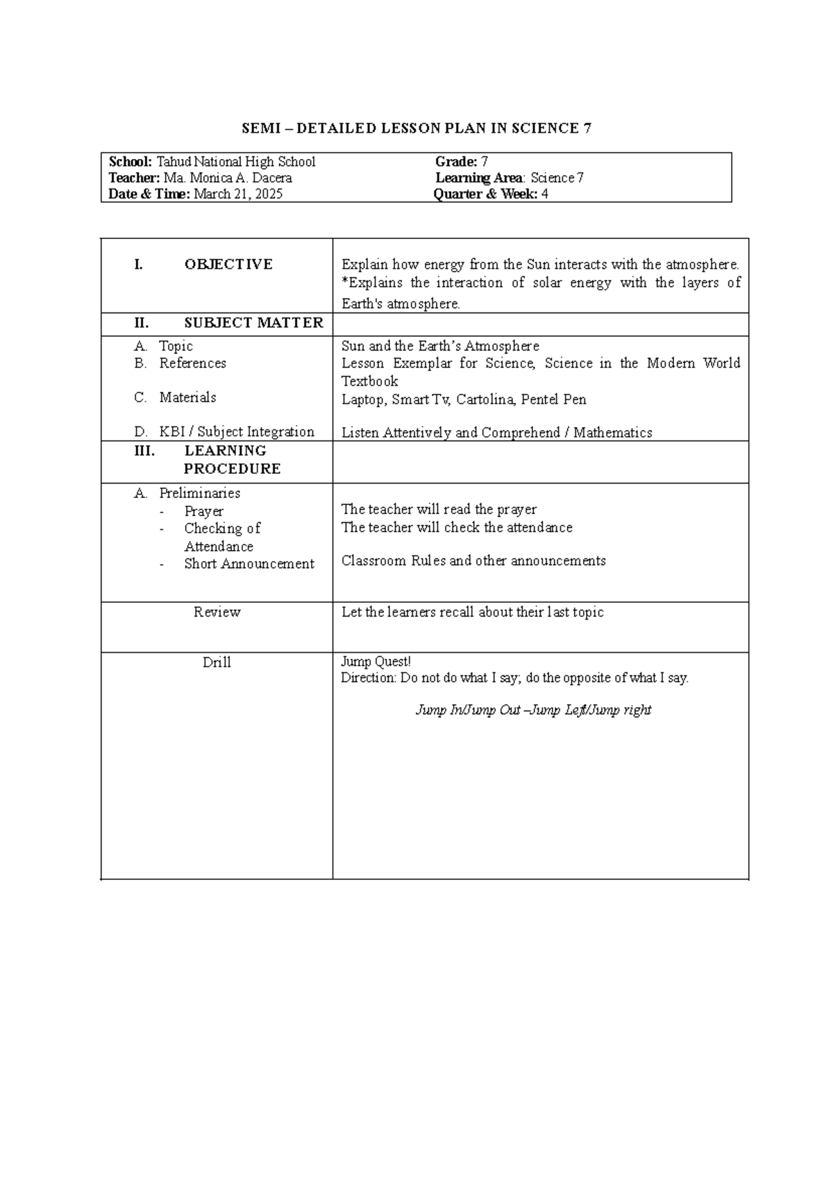SEMI DETAILED LESSON PLAN: SCIENCE 7 - WEEK 4 - Studocu
