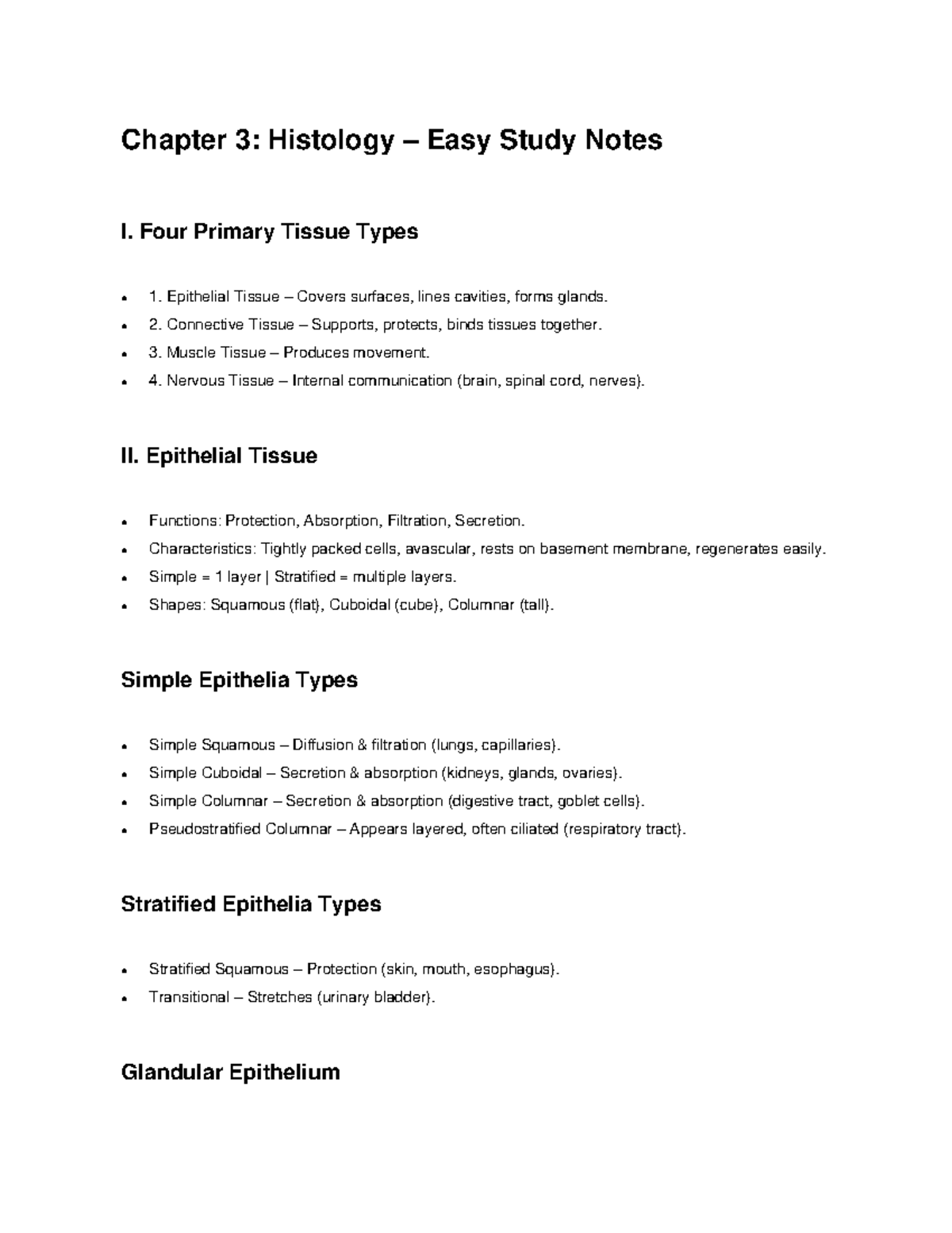 Chapter 3: Histology Study Notes on Four Tissue Types - Studocu