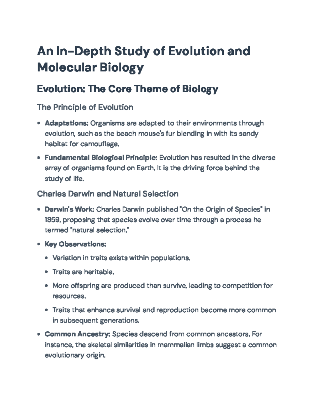 Comprehensive Overview of Evolution and Molecular Biology Concepts - An ...
