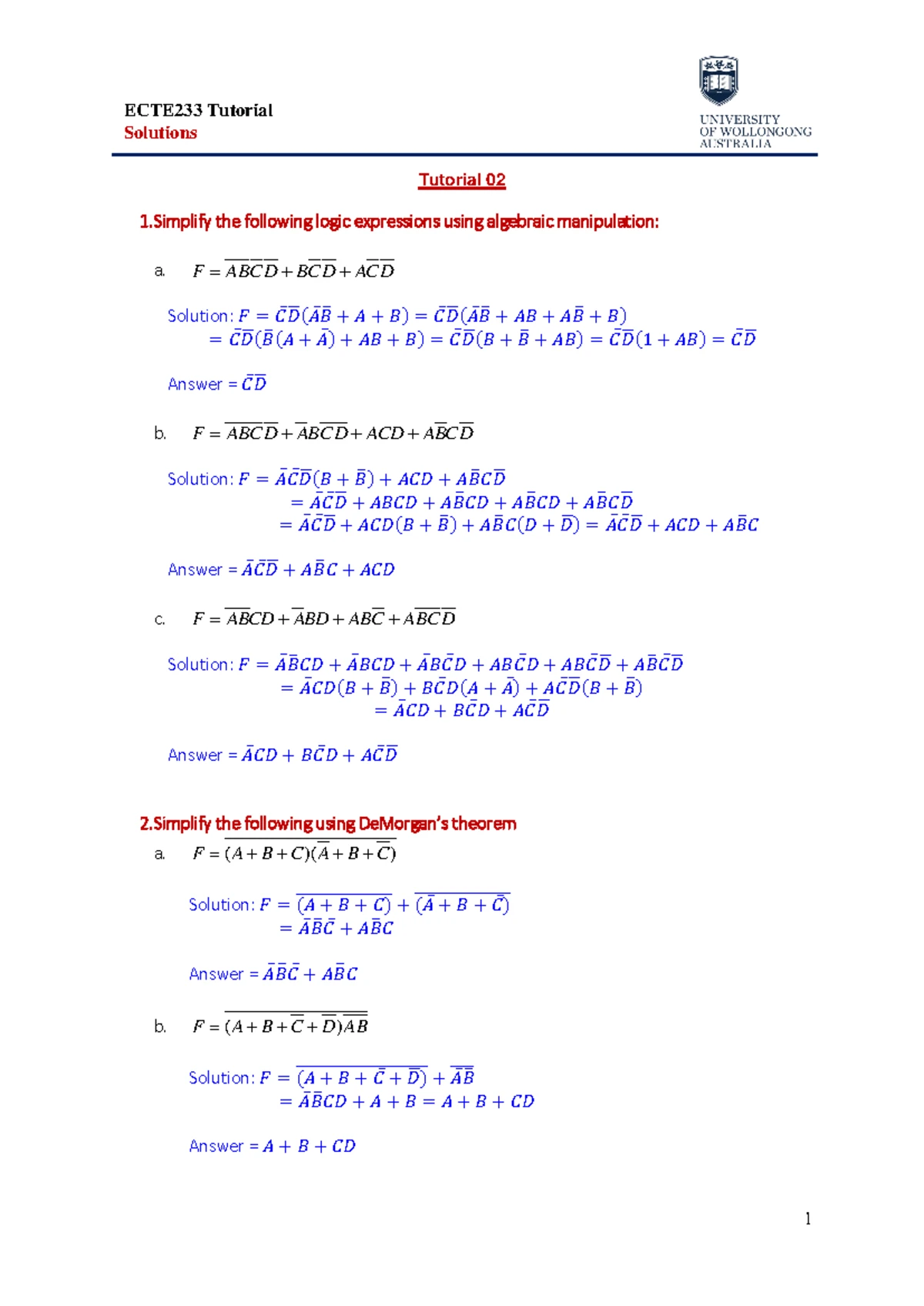 ECTE233 Tutorial 02 Solutions: Logic Expressions Simplification - Studocu