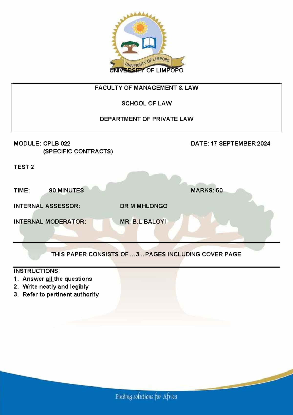 CPLB 022 Specific Contracts Test 2 Marking Guide - 2024 - Studocu