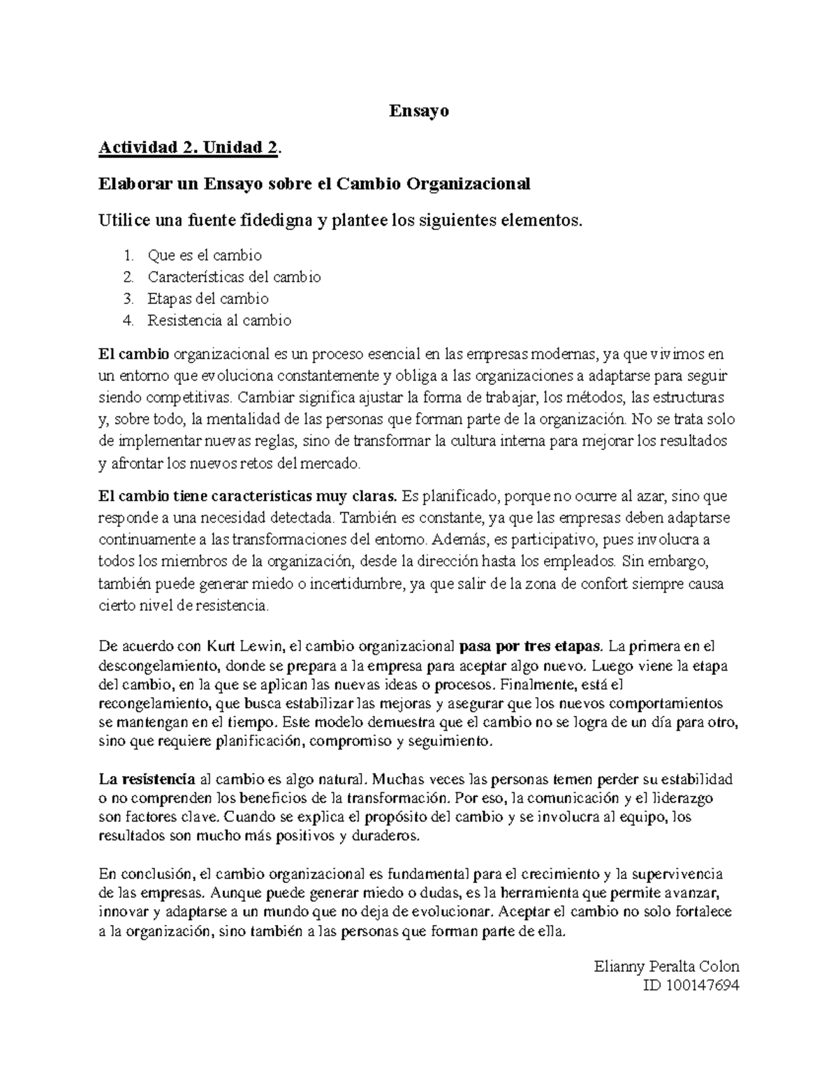 Ensayo Actividad 2: Cambio Organizacional y sus Etapas - Studocu