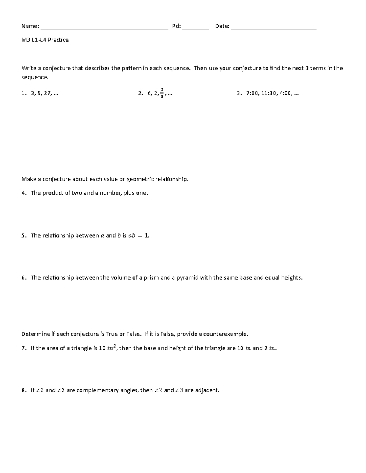 Honors Geometry - M3 L1-L4 Conjectures & Proofs Practice - Studocu