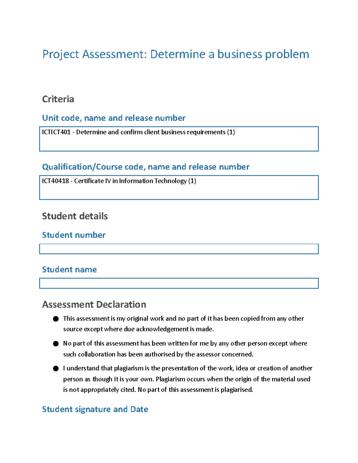ICTICT401 - Business Problem Assessment Task 1 Study Guide - Studocu