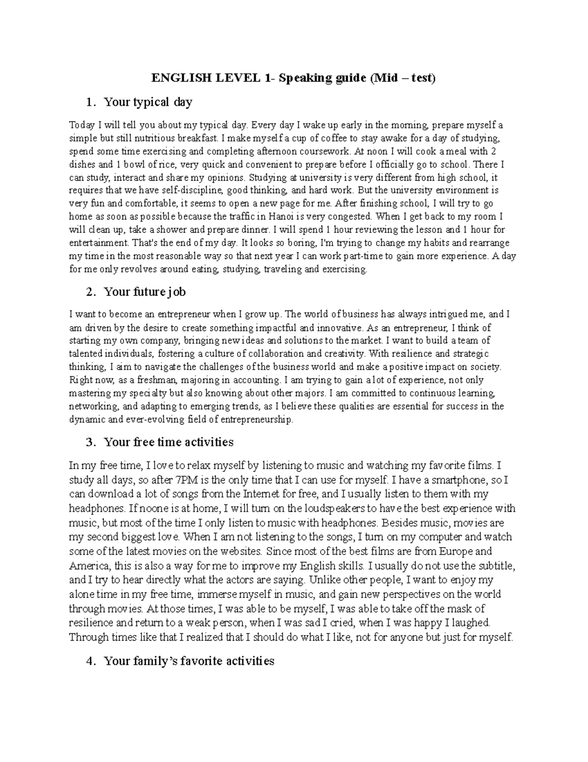 English Level 1 - Speaking Guide (Mid-Test) - Studocu