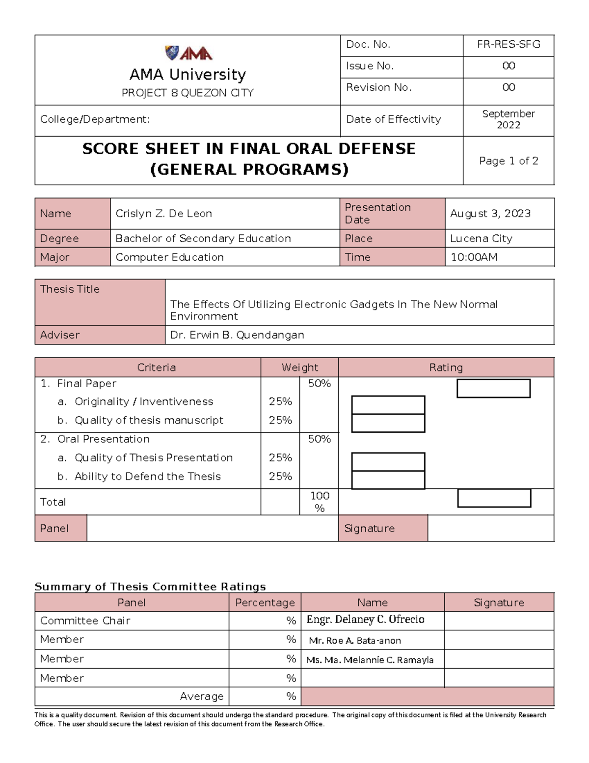 AMA University PROJECT 8: Score Sheet for Final Oral Defense - Studocu